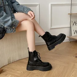 Ladies new fashion round toe front lace-up design Martin boots 2024 winter simple solid color side zipper mid-heel women's boots