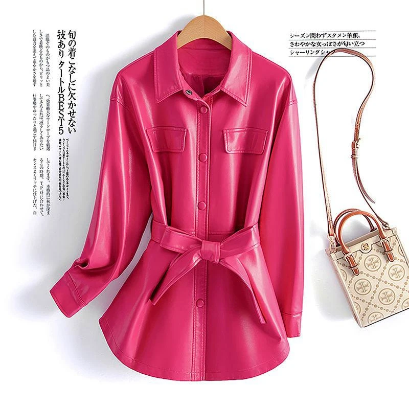 New Women Shirt Style Leather Jacket Spring Autumn Fashion Casual Turn-down Collar Lace-up Slim Leather Coat Split Leather