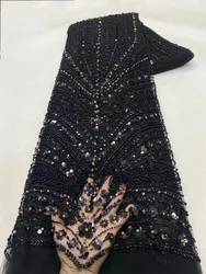 Latest African Sequins Lace Fabric 2024 High Quality Lace Embroidery Balck Beaded Mesh Fabric 5 Yards For Women Wedding Ya02-2