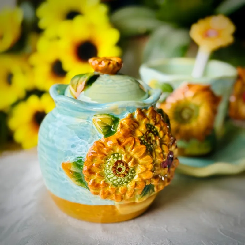 Sunflower Ceramic Spice Jar for Kitchen Sugar Container for Coffee Tea Rustic Seasoning Pot with Lid Decor Coffee Cup for Home