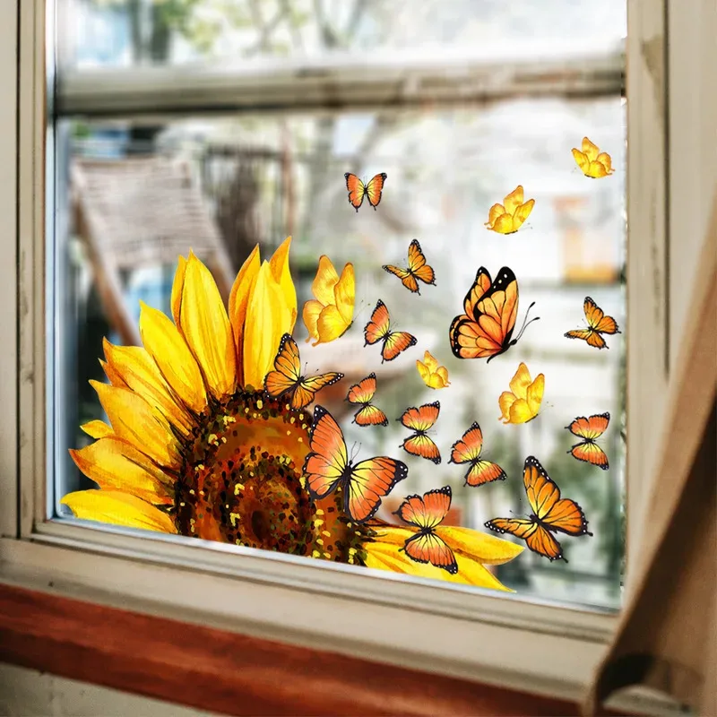 Sunflower Butterfly Stickers Static Cling Window Stickers Glass Stickers Window Stickers Room Decorations view 6