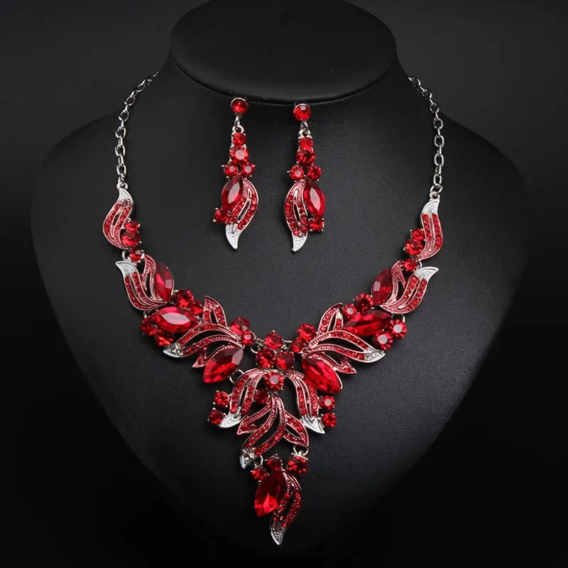 

Lager Crystal Multi Color Hollow Seaweed Jewelry Sets Women Full Rhinestone Silver Color Link Chain Wedding Necklace Earrings