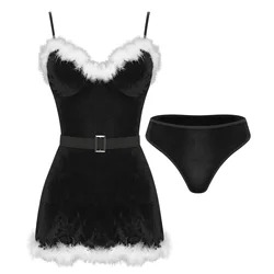 Womens Christmas Santa Claus Velvet Costumes Plush Feather Trim V Neck Slip Dress with Briefs Belt Nightwear Clubwear