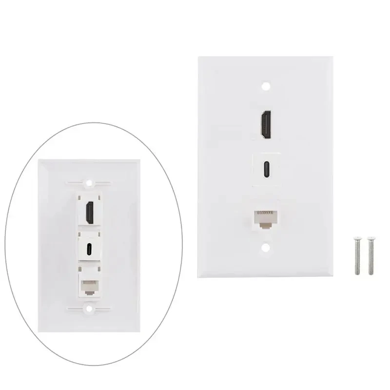 3-Port HDMI Compatible USB Type-C CAT6 High-Definition Data Solderless Socket Panel Multimedia Information Wall Plug