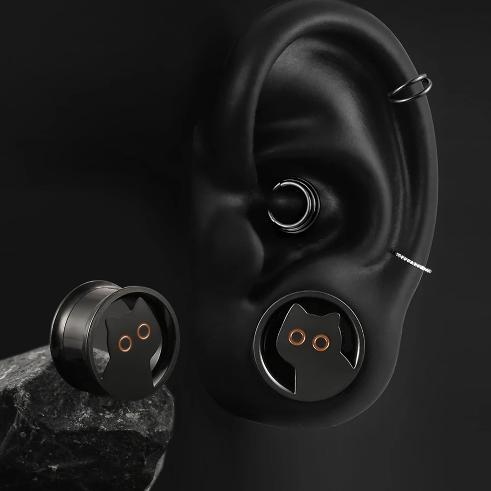 Giga 2PCS Cute Cat Ear Tunnels Plugs Gauges Expander Stainless Steel Double Flare Stretcher Earrings Body Piercing Jewelry