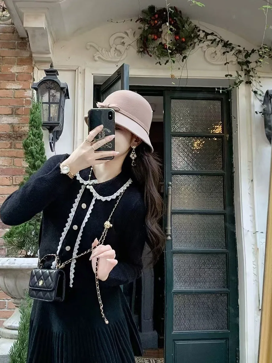 

Sweet Sle Women's Knitted Sweater Doll Collar Lace Patchwork Spring Autumn Single Button Closure Cross-Border Design Long S...