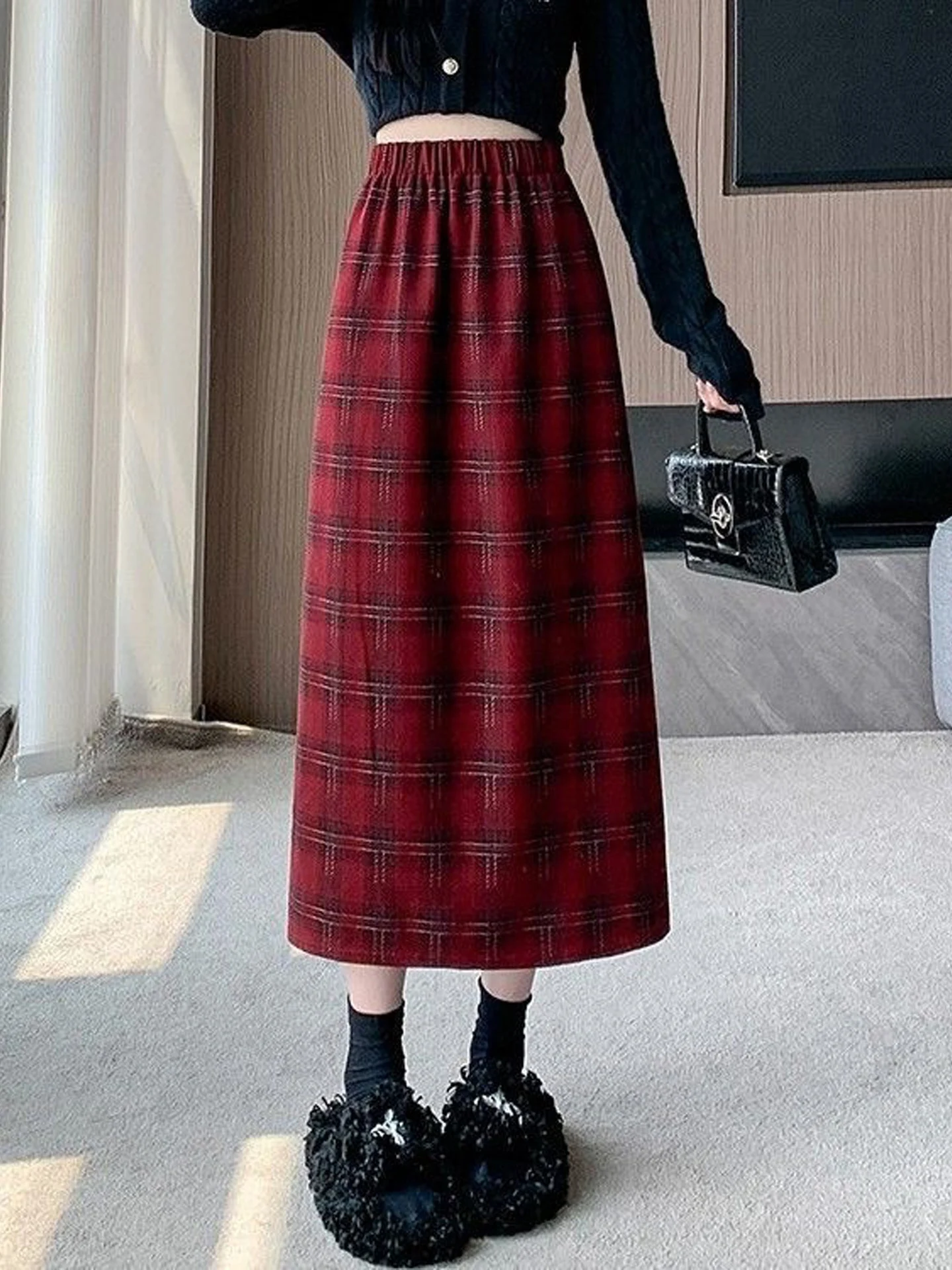 High Waist Plaid Woolen  Skirt Women's Autumn Winter Mid-Length A-Line Slimming Retro One-Step Long Split Skirt