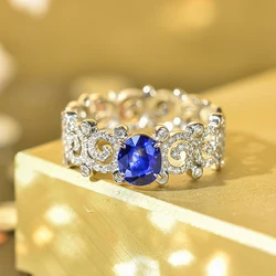 Huitan Novel Design Oval Blue CZ Hollow Rings for Women Full Bling Iced Out Cubic Zirconia Luxury Trendy Female Wedding Jewelry