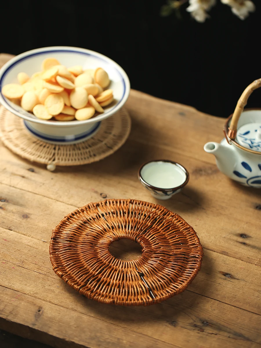 

Handwoven round Dining Mat Simple Chinese Sle Cast Iron Heat Resistant Pad for Table Tea Pot Di Plate Retro Dining Table