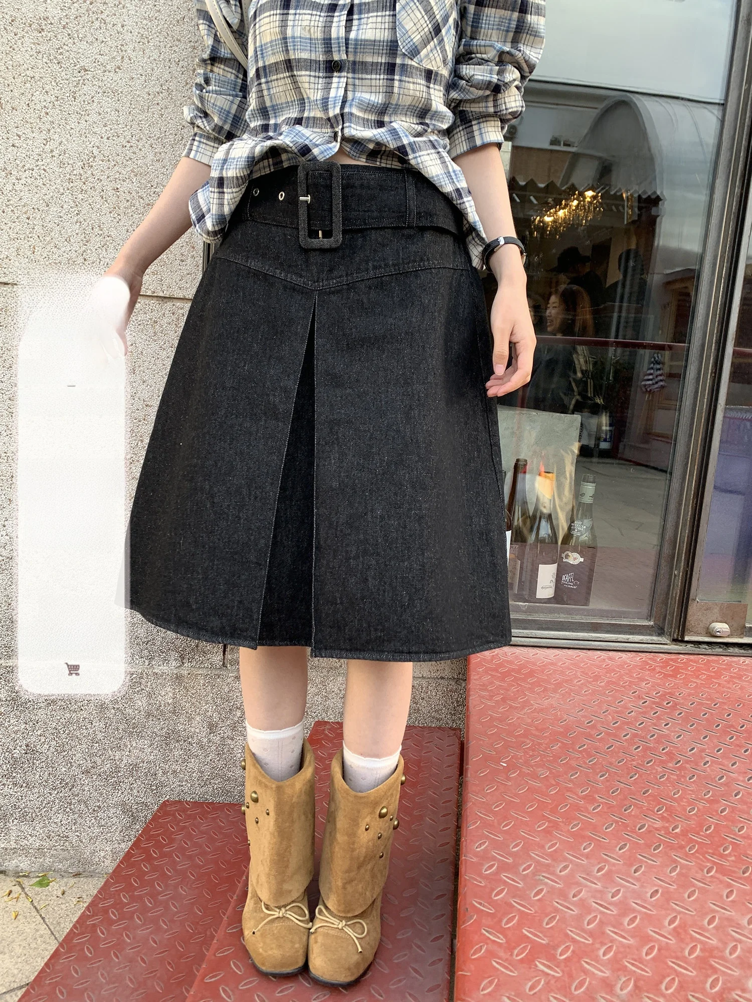 

Юбка миди с высокой талией, А-силуэт, джинсовая, плиссированная, элегантная, в стиле ретро, с оригинальным дизайном, женская, из хлопковой ткани, с элементами пэчворка