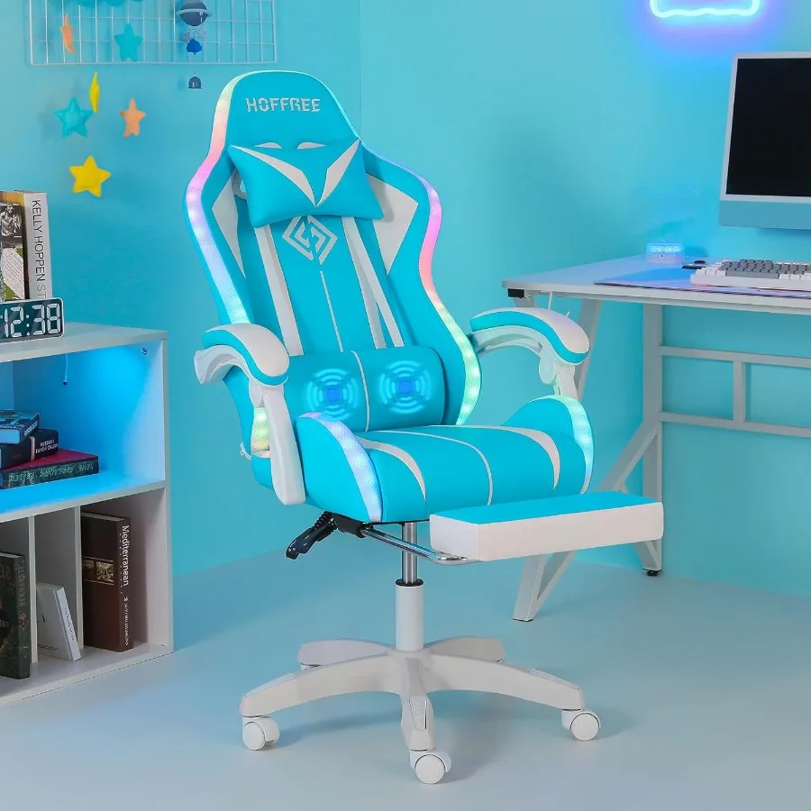 Gaming Chair with LED RGB Lights with Massage and Footrest Ergonomic Computer Chair High Back Video Game Chair with Adjustable