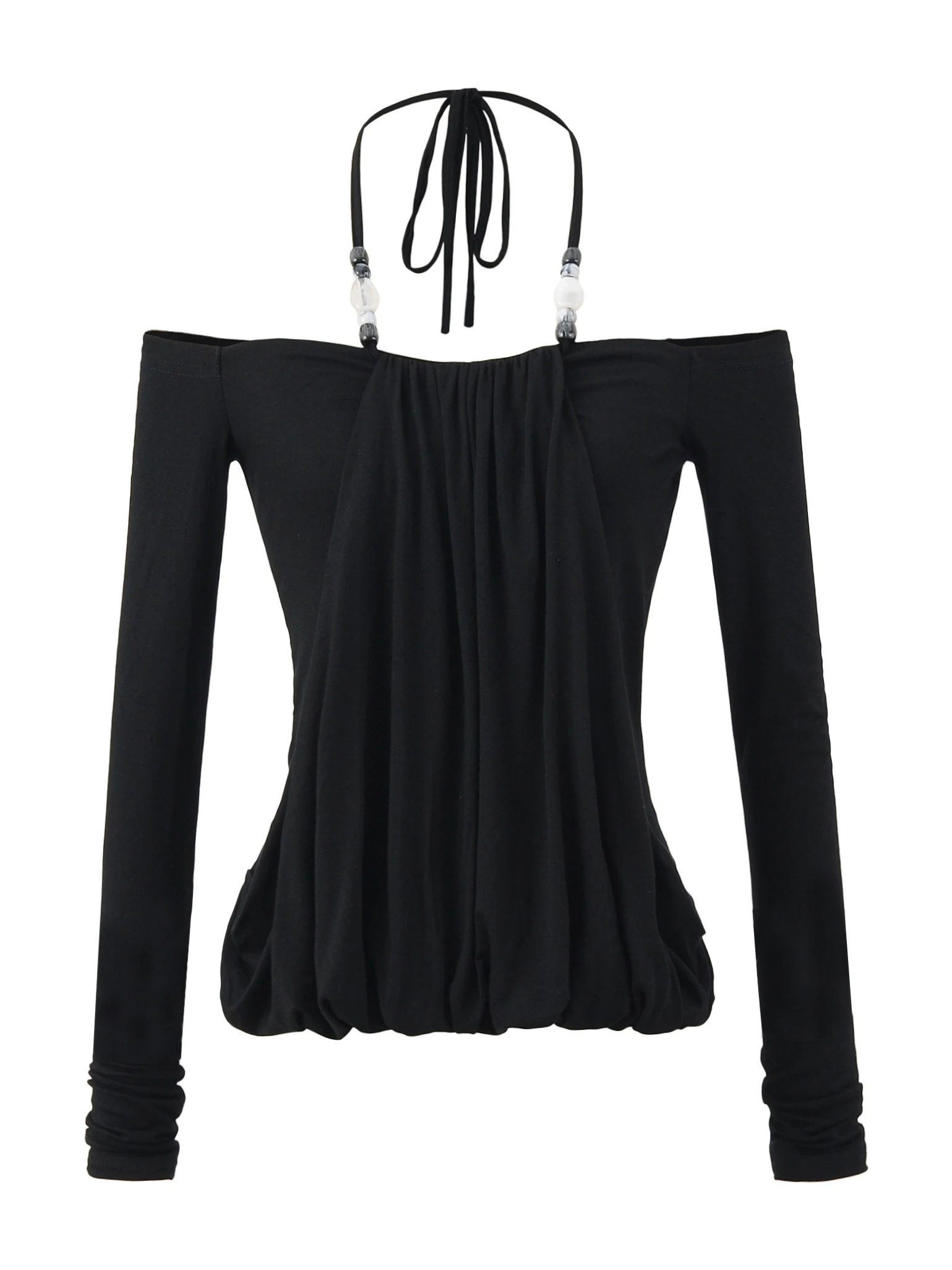 مثير فتاة أمريكية Sle ريترو مطرز مطوي كتف واحد طويل Sve تي شيرت اللف التعرض المنسوجة الأعلى للنساء