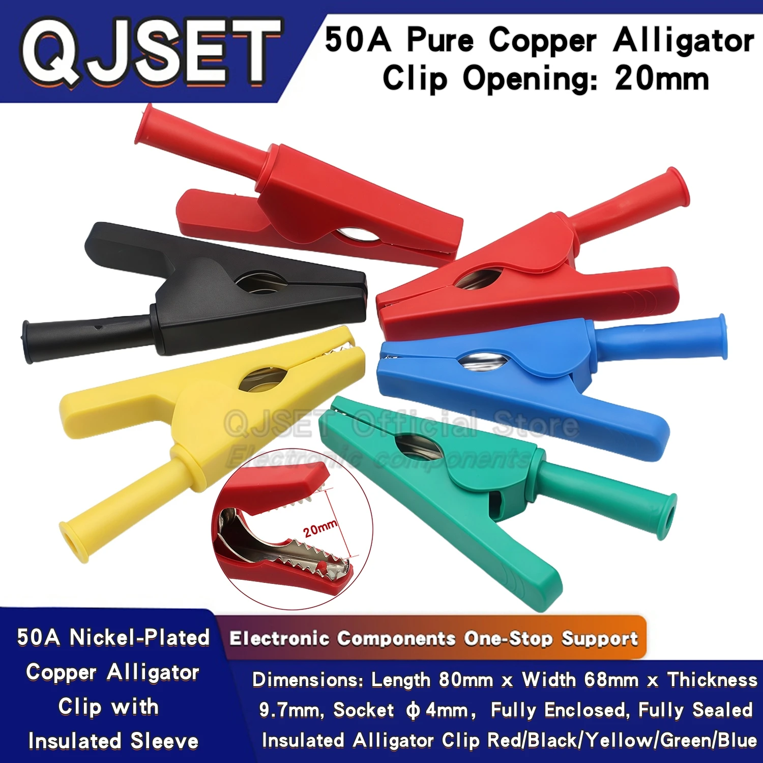 1pcs 50A Large All-Copper Alligator Clip with 20mm Opening 4mm Banana Plug Socket Insulated Sleeve Clip High-Voltage Test Clip