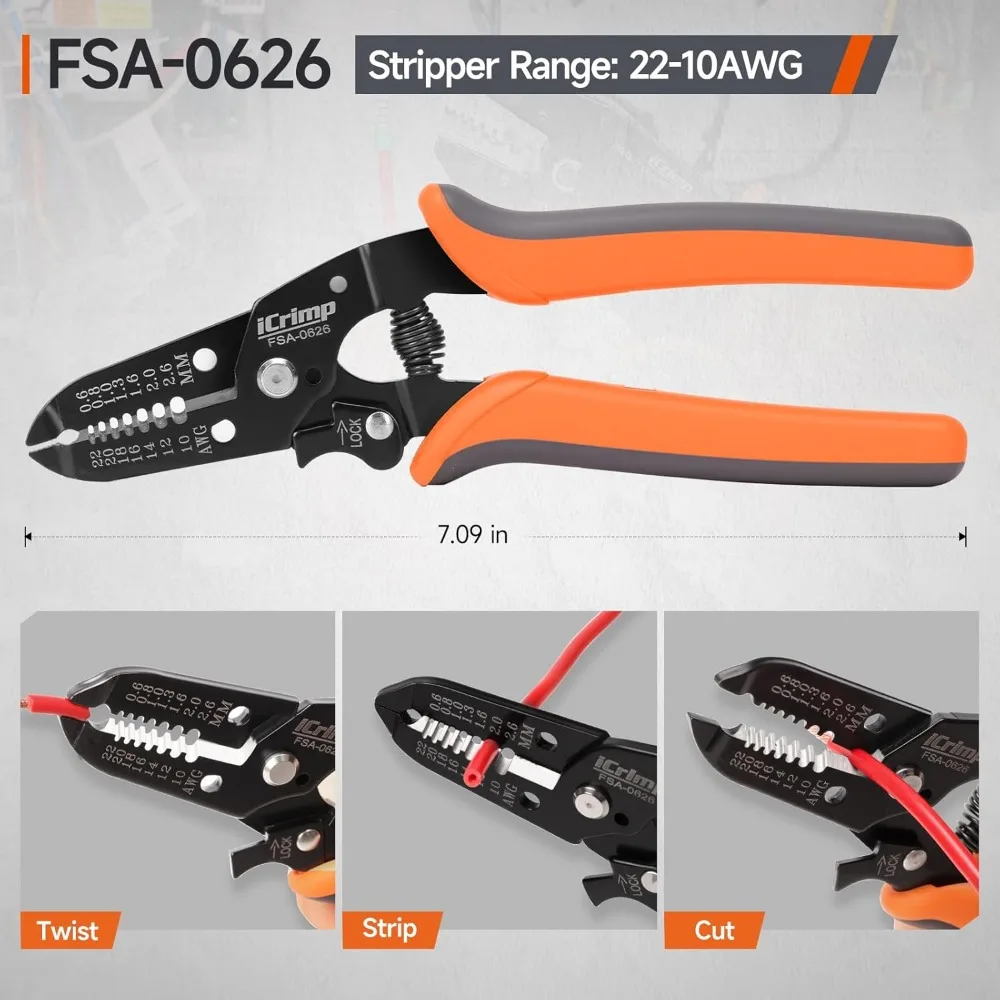 Набор инструментов для обжима с храповым механизмом из 8 предметов с быстрообменными губками для термоусадочных, открытых, изолированных наконечников AWG 20-2