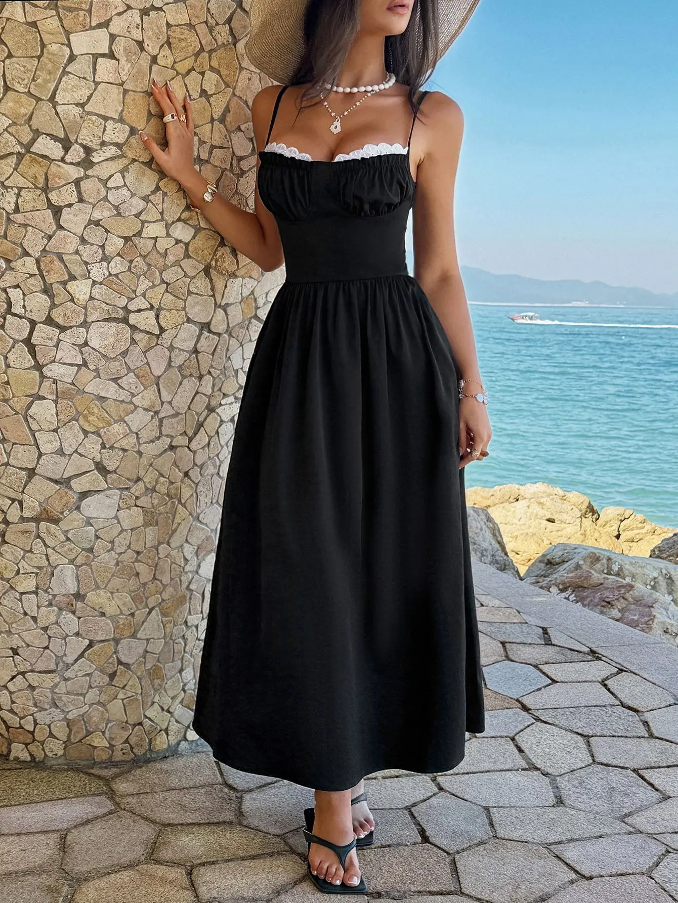 

Women's Spaghetti Strap Midi Dress Square Collar Lace Trim Ruched Bust Flare Skirt Formal Evening Party Beach Vacation Gown