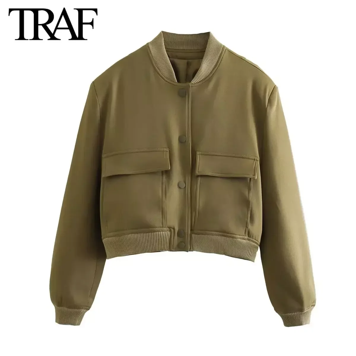 TRAF Women Fashion New Loose Flap Pocket Pilot Jacket Long-sleeved Single-breasted Stand Collar Short Coats Chic Female Tops