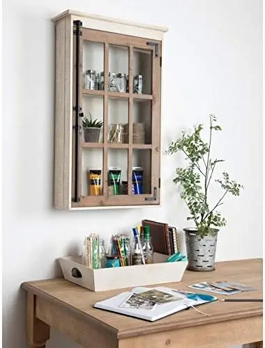 and Laurel  Decorative Farmhouse Wood Wall Cabinet, 30 x 6.5 x 27.5, White and Brown, Wall Cabinet with Window Pane Glass Door