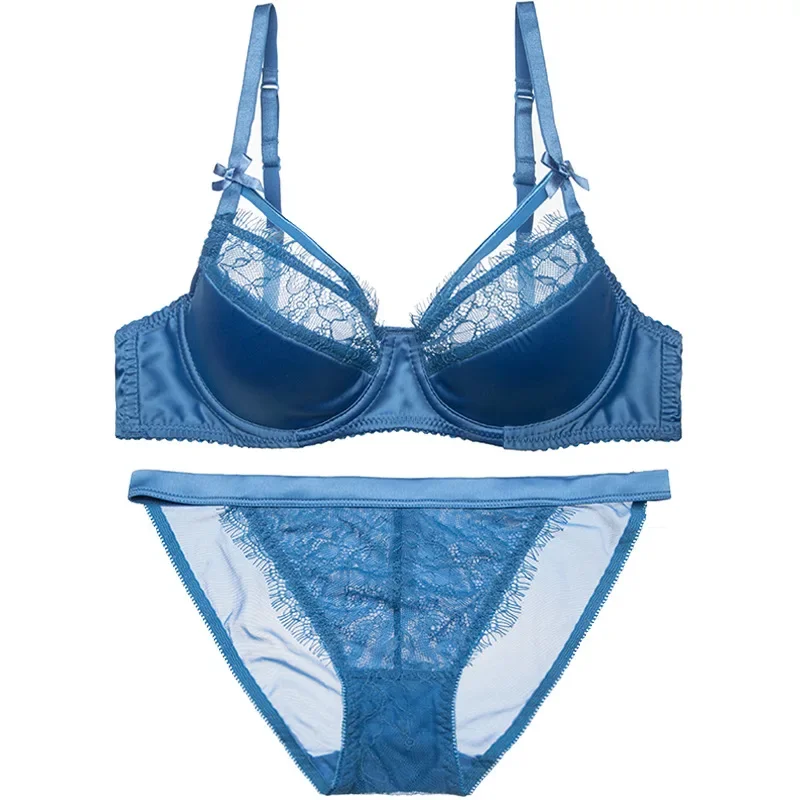 

Blue black plus size thin cotton cup lash women fashion bras sets sexy satin lingerie suit push up lace intimates Bra & Brief