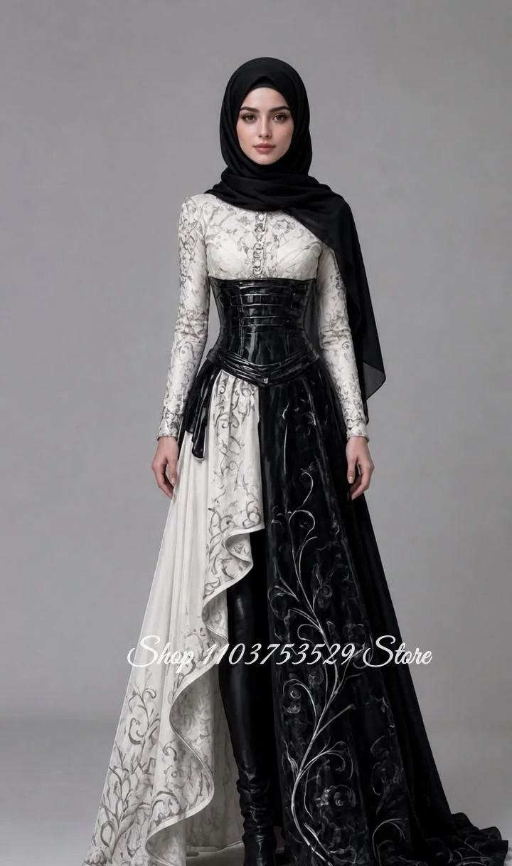 Customized Black White Muslim Modest Fantasy Prom Gown Long Sleeve Corset Asymmetrical High Low Skirt Formal Party Dress 2026