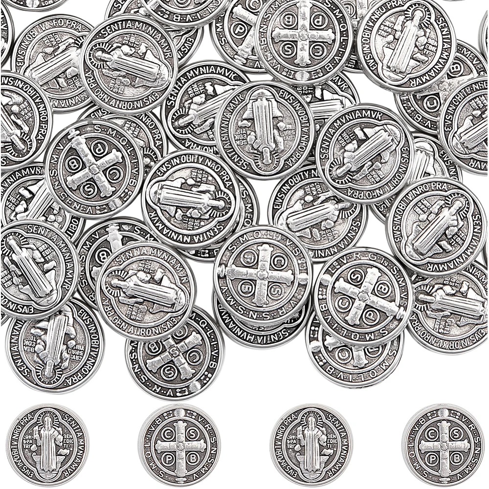 1 Box 60Pcs Metal Beads Rosary Beads Style Alloy Flat Round Mini Crosses Silver Crucifix Spacers for Jewelry Making Supplies