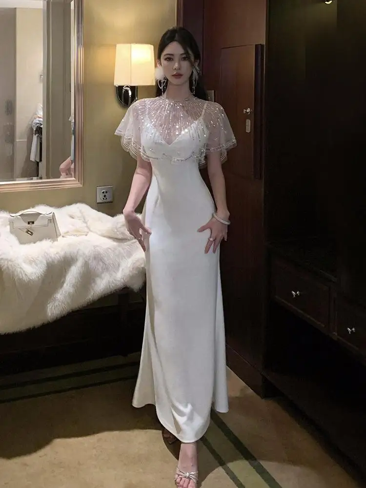 

French 2025 Summer Women White Elegant V Neck Sexy Sleeveless Birthday Evening Party Slip Long Dress And Sequin Embroidery Shawl
