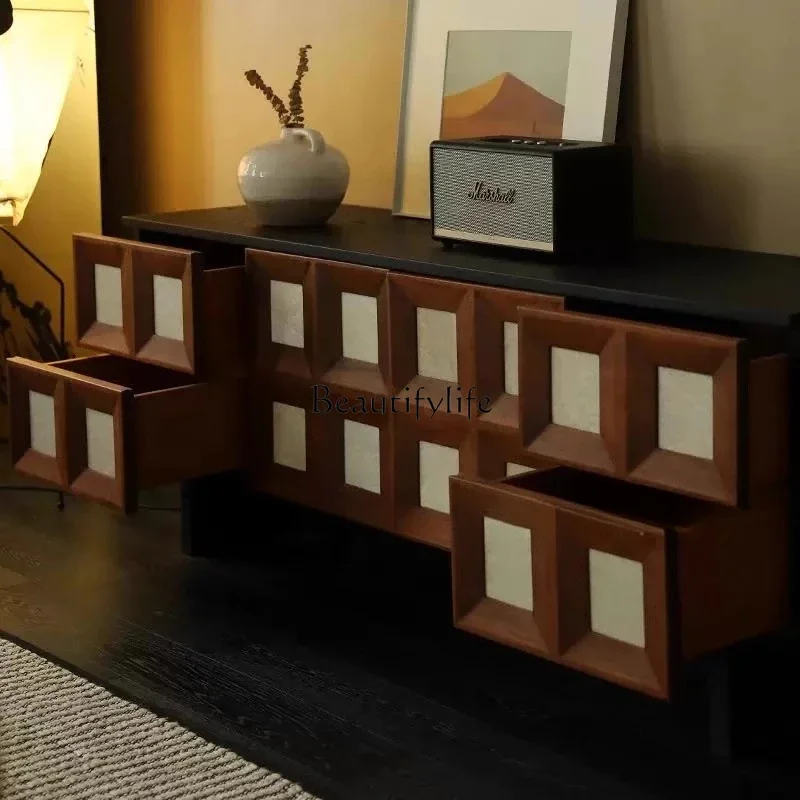 56Medieval retro French solid wood contrasting color double color matching living room household small apartment TV cabinet