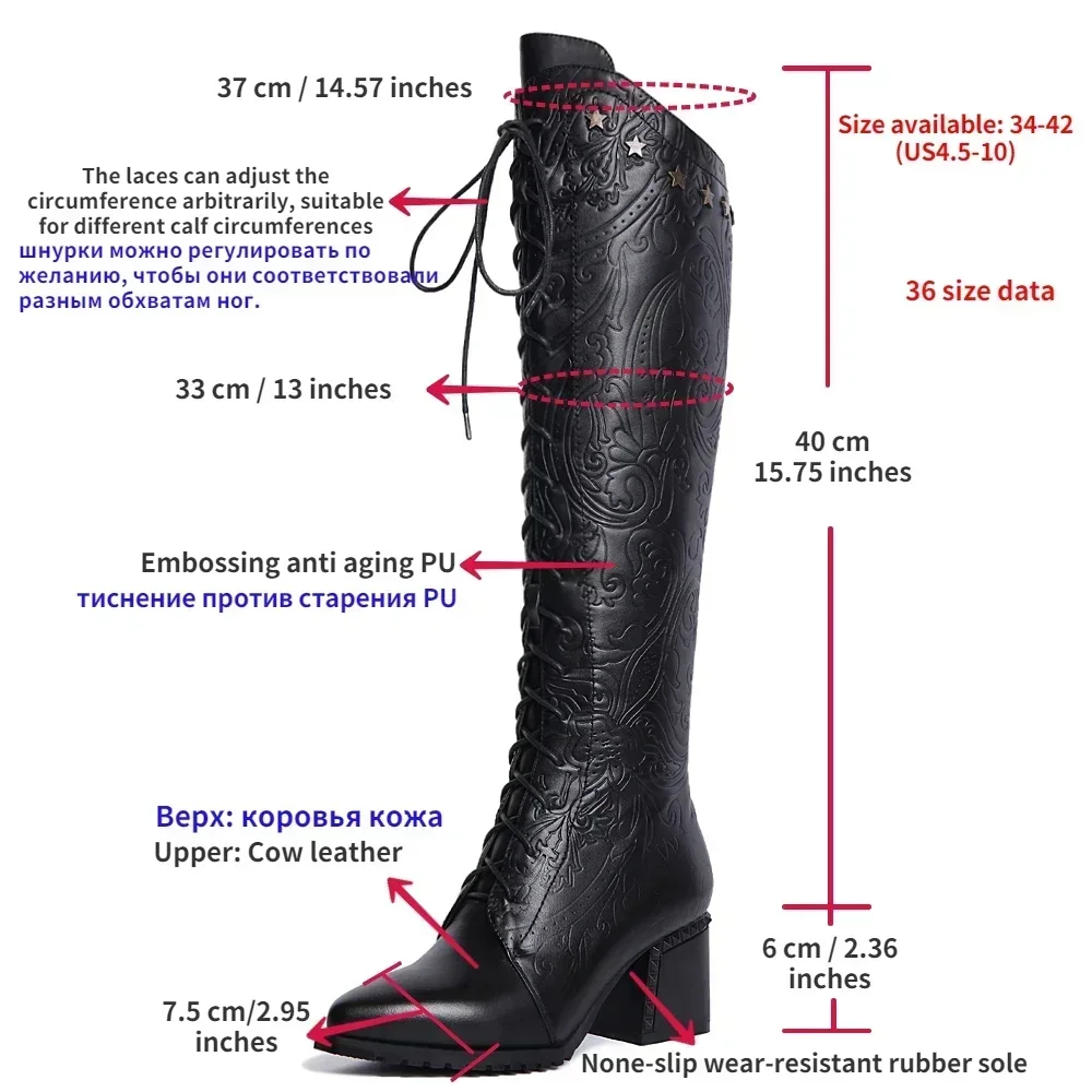 Knee High Boots Women 2024 Cow Genuine Leather Pointed Toe High Heel ZIP Laces Punk Casual Warm Long Boots Shoes Winter Size 42