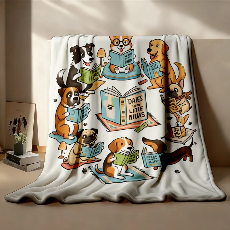 Funny Dog Reading Flannel Blanket, Cute Dogs with Books Flannel Throw, Bookworm Fiction Lover Cozy Blanket