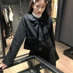 Autumn Sweet Lolita Style Woolen 2 Piece Set Korean Girly Peter Pan Collar Crop Tops Coat Mini Pleated Skirts Winter Women Suit