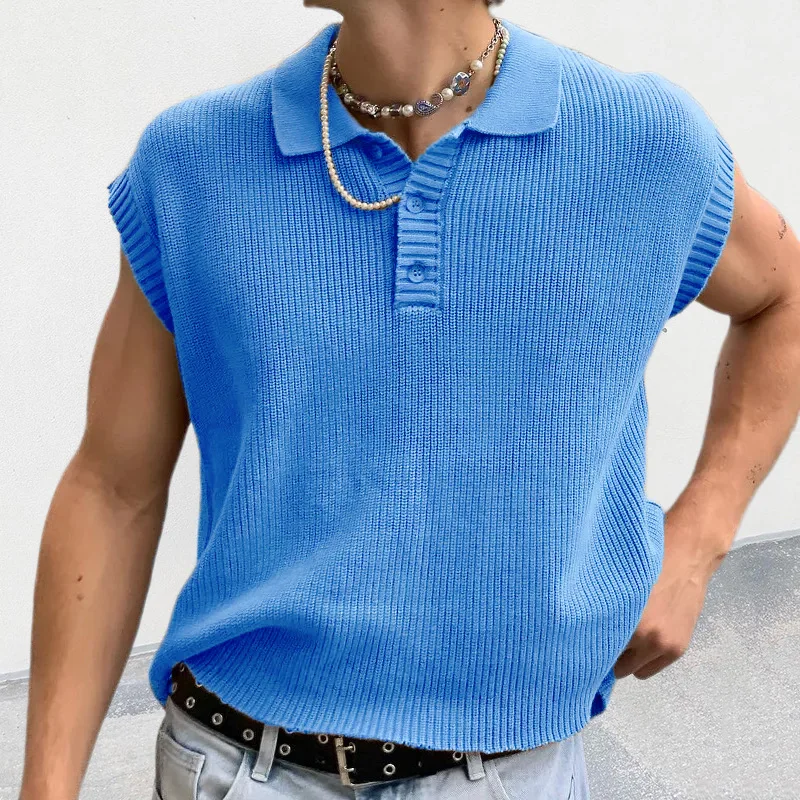 Men's Short Sleeve Sweater 2023 Summer New Solid Color Youth Casual Large Size Polo Collar Knitted Top