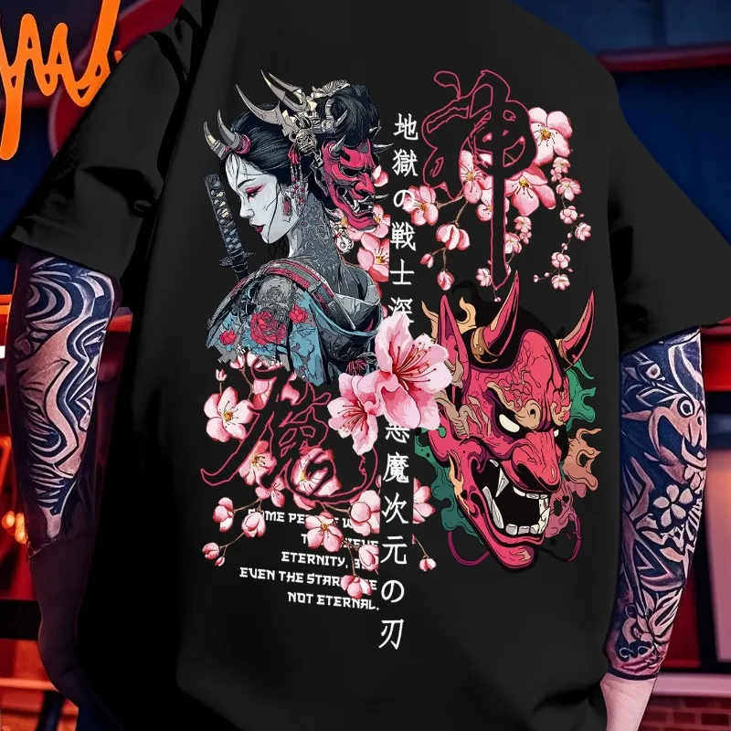 Japanese Hannya Mask Geisha Sakura Back Print T-shirt Kanji Samurai Aesthetic Graphic Tee Unisex Harajuku Short Sleeve Tops