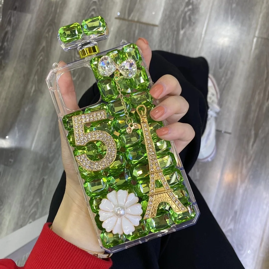 

Luxury Bling Diamond Pearl Flower Perfume Bottle Silicone With Chain Phone Case For Iphone15 Pro 14 Plus 13Pro MAX 13Mini Cover