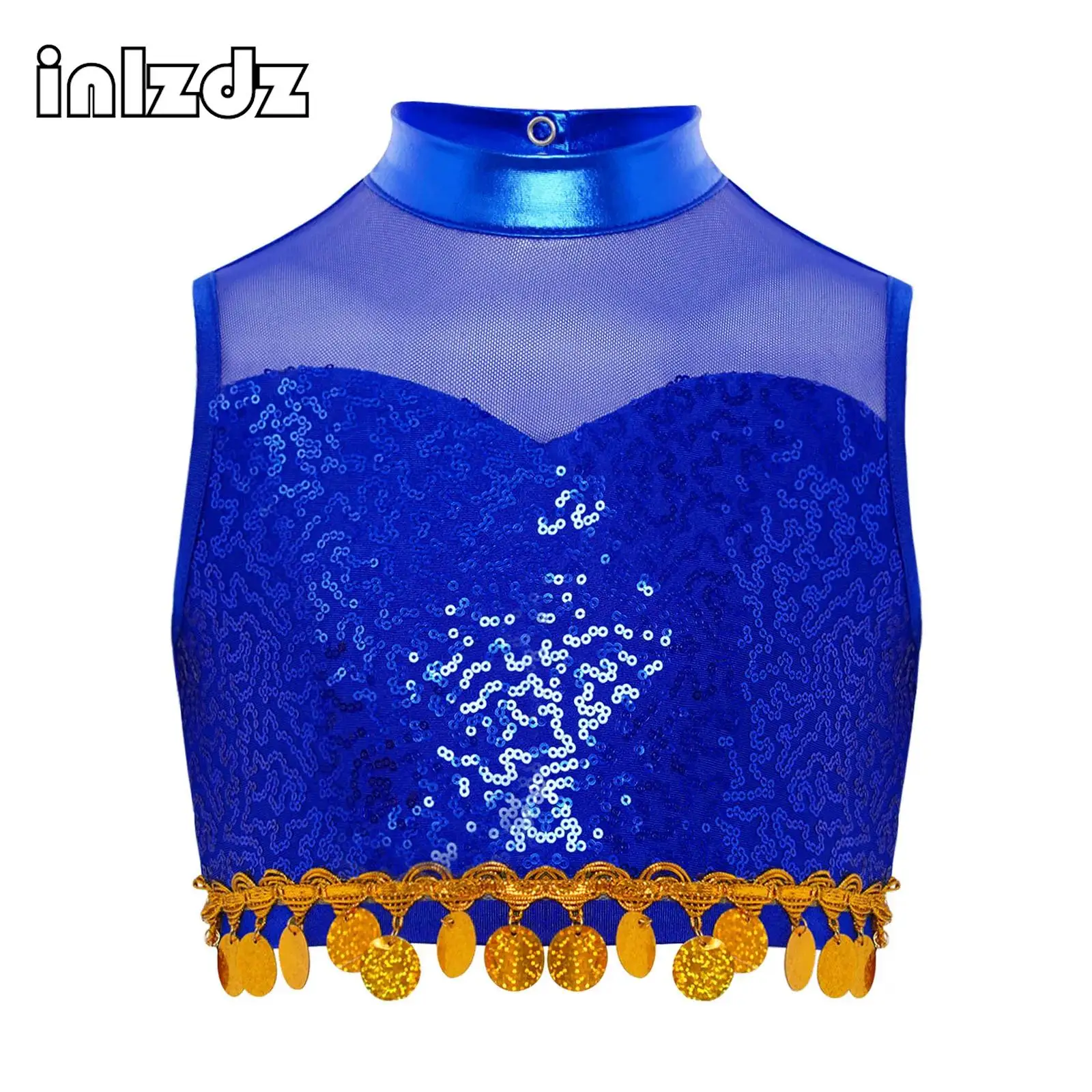 

Kids Girls Jazz Dance Shiny Sequin Crop Top Mock Neck Sleeveless Keyhole Back Sheer Mesh Patchwork Stage Performances Costume