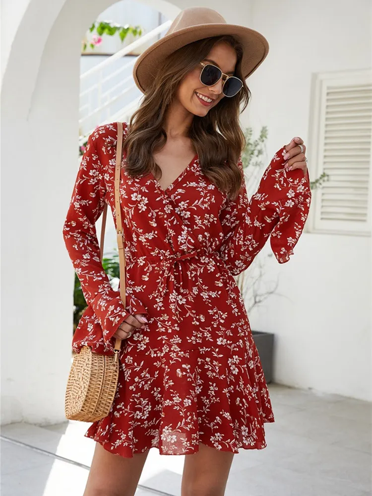 

Fashion New Puff Sleeve Lace Printed Short Dress Women's 2021 New Summer V Neck Red Small Floral Casual Mini Dresses For Ladies