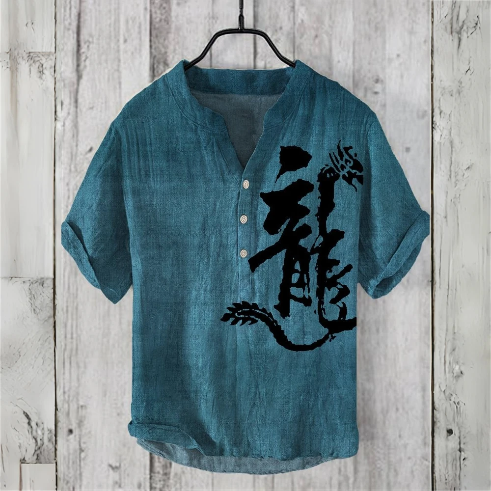 Men's short-sleeved POLO shirt imitation linen POLO shirt printed Chinese retro dragon ukiyo-e painted Hawaiian casual clothing