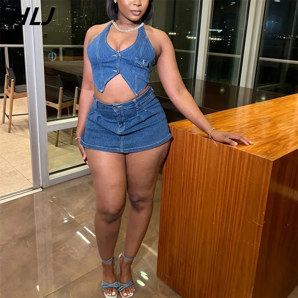HLJ&GG Sexy Denim Mini Rokken Shorts Tweedelige Sets Voor Vrouwen Halter Crop Tops En Plooirok Outfits Vrouwelijke Cowboy kleding