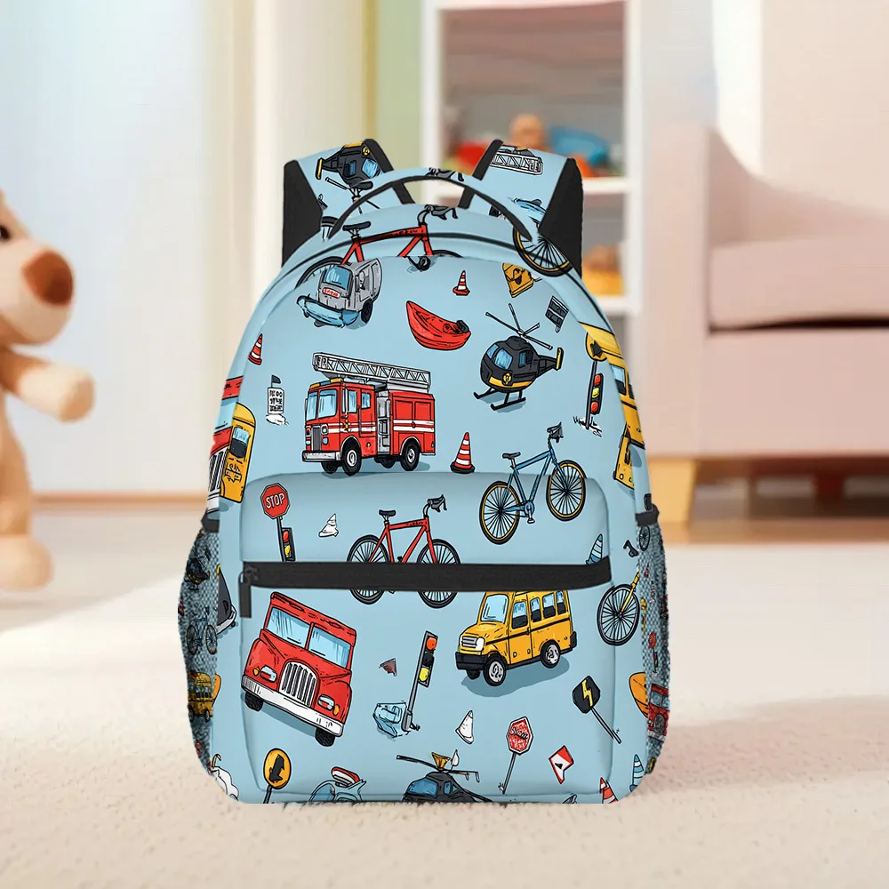 1pc Transportation Doodles Backpack High-Capacity Lightweight Design with Colorful Fire Truck Helicopter Bicycle More Print