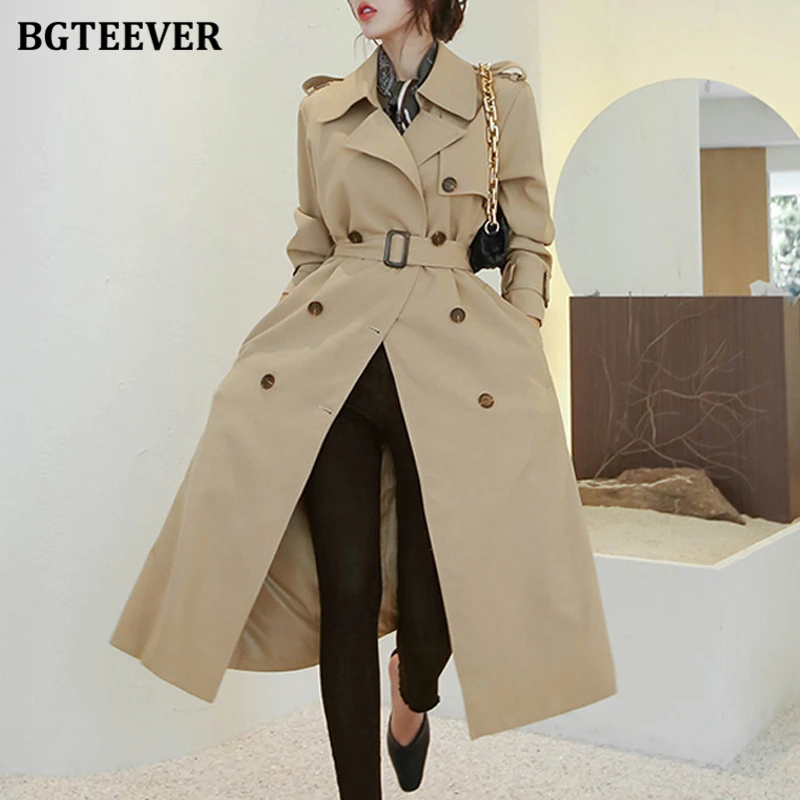 BGTEEVER Elegant Lapel Female Windbreaker Long Sleeve Loose Belted Double Breasted Women Trench Coats Autumn Winter Overcoats