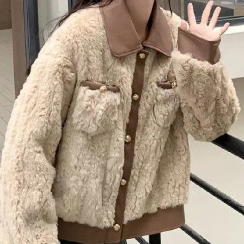 American Retro Coat Winter Artificial Lamb Wool Stitching Fashion Women's Jacket Top