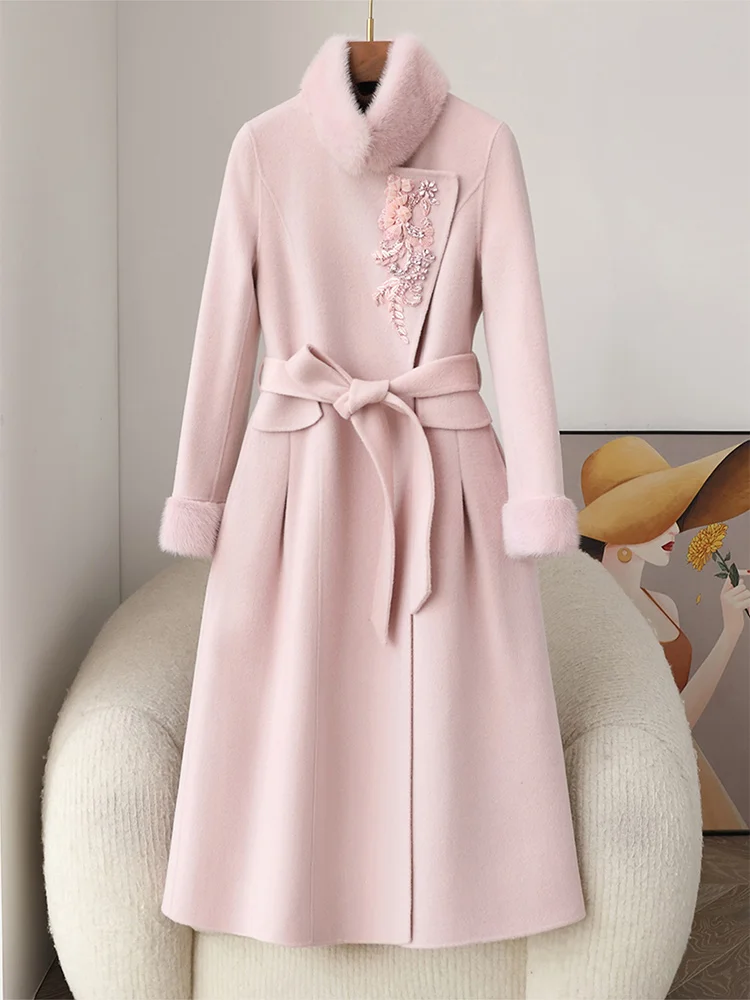 Chaqueta de invierno con puños y cuello de piel de visón Natural para mujer, abrigo de lana de Cachemira para mujer, ropa de calle con flores y perlas, abrigo de piel auténtica