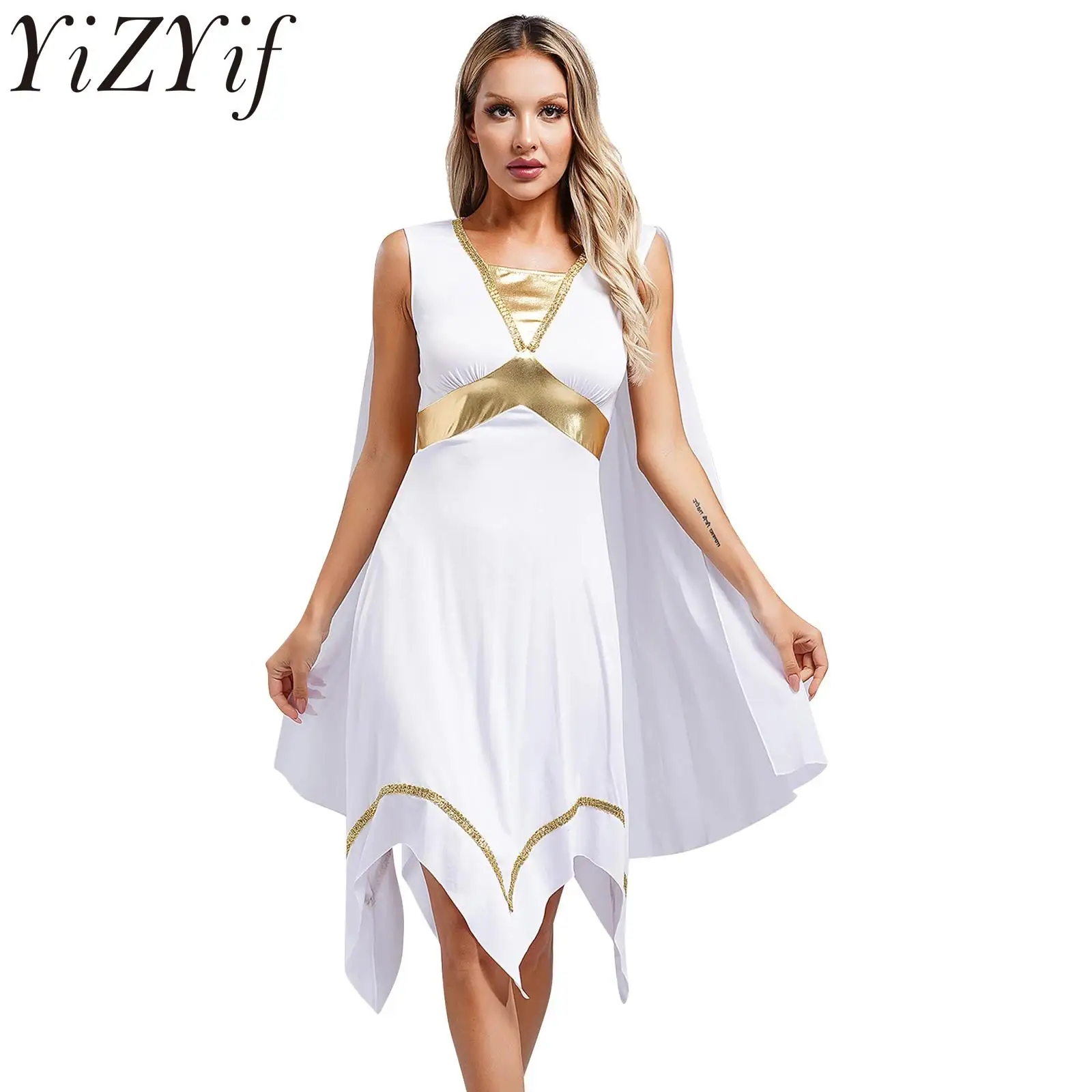 Womens Greek Toga Costume Ancient Grecian Golden Roman Empress Tunic Dresses Halloween Cosplay Party Role Play Dress Up