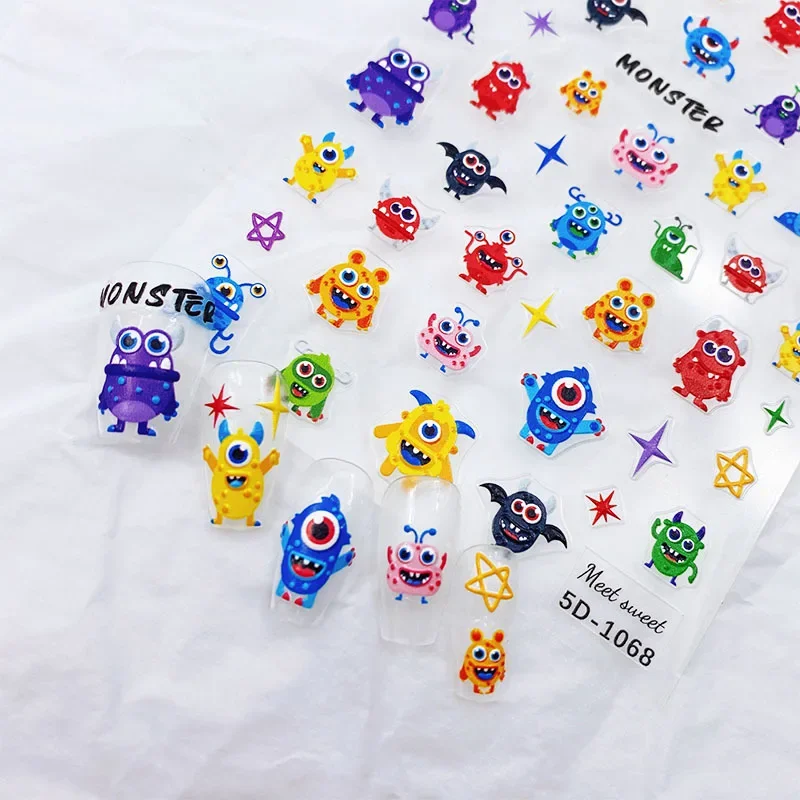 Hero Funny Cute Monster Nail Stickers Chibi Graffiti Embossed Nail Accessories Colorful Stickers for Girls Nail Wraps Decals