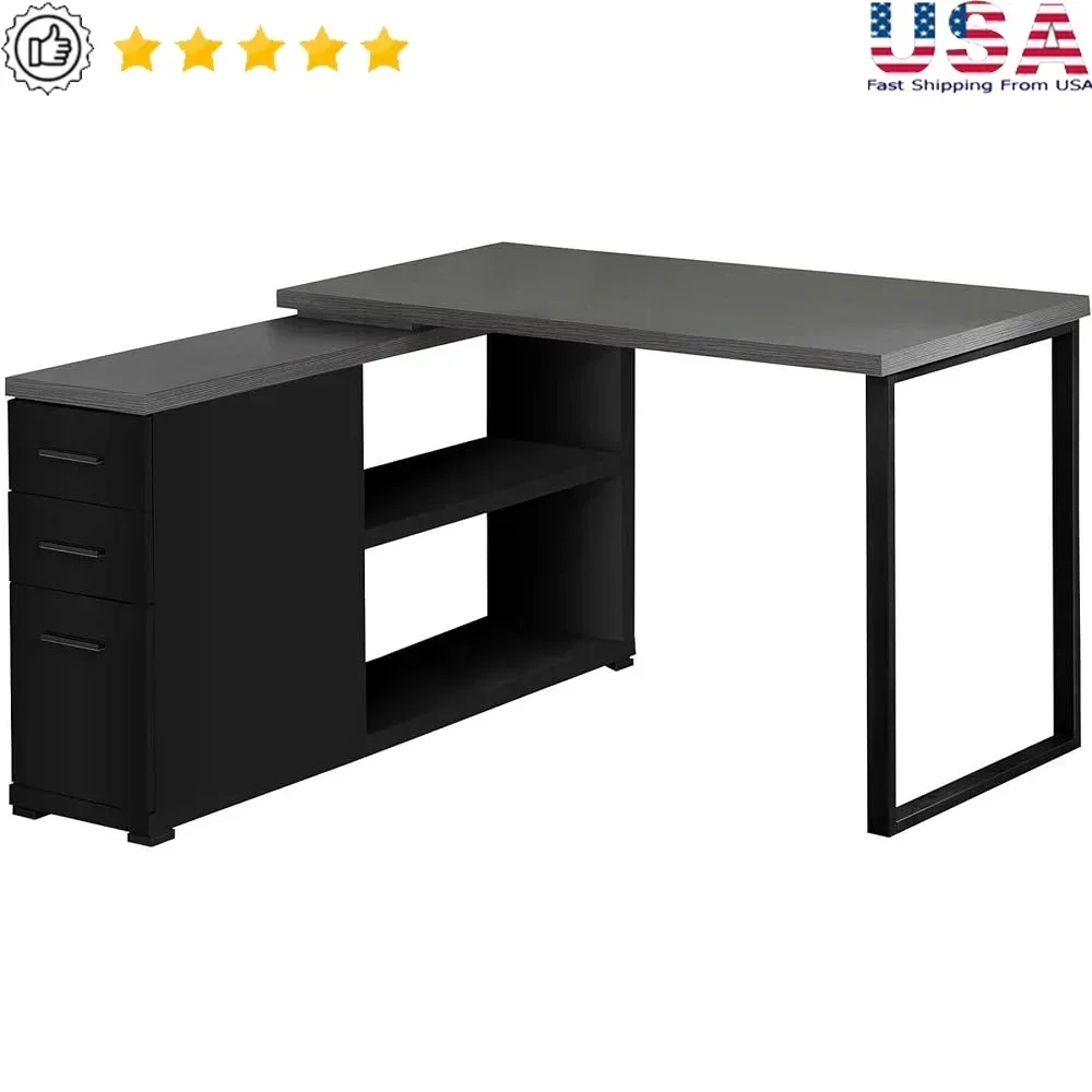 

L-Shaped Computer Desk Contemporary Corner Workstation Adjustable Open Shelves 3 Drawers Home Office Gaming Space-saving Design
