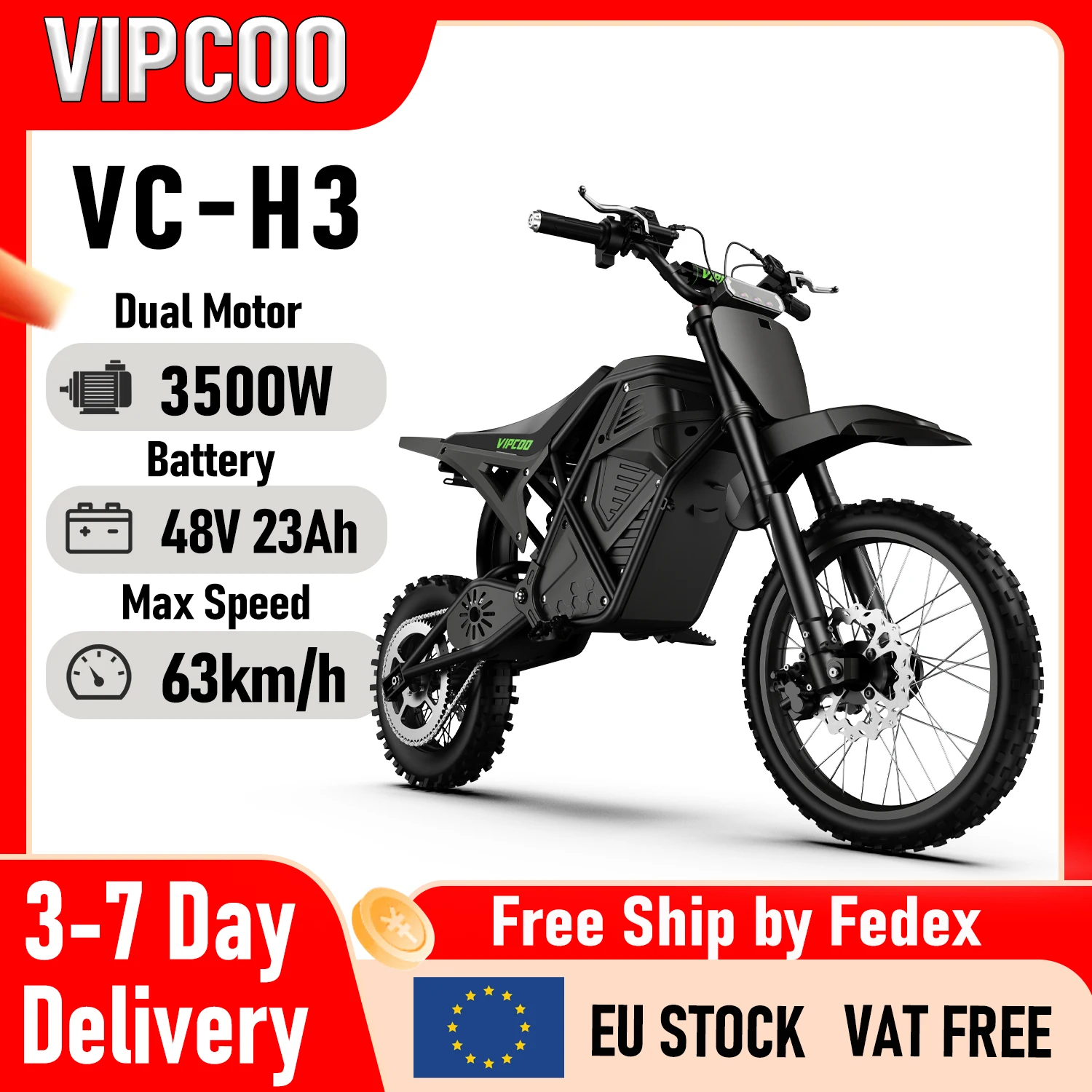 VIPCOO H3 Electric Bike 3500W 48V 23AH Electric Dirt Bike Fat Tire Nitrogen Suspension E Dirt Bike for Teens and Adults