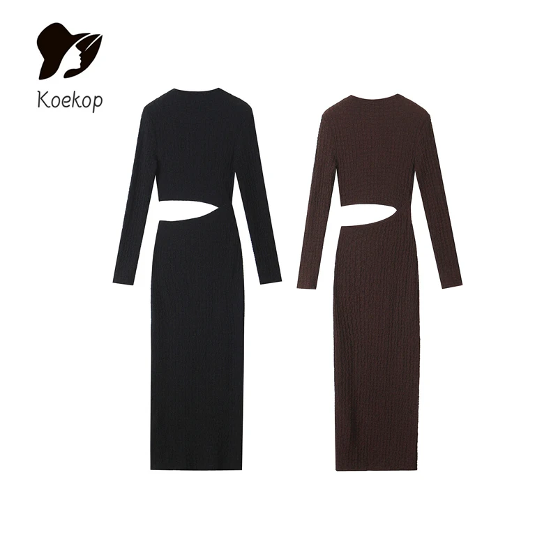 Koekop 2024 Women's Fashion Solid Color Ribbed Touch Long Dress Vintage Casual Temperament Women's Chic Lady Dresses