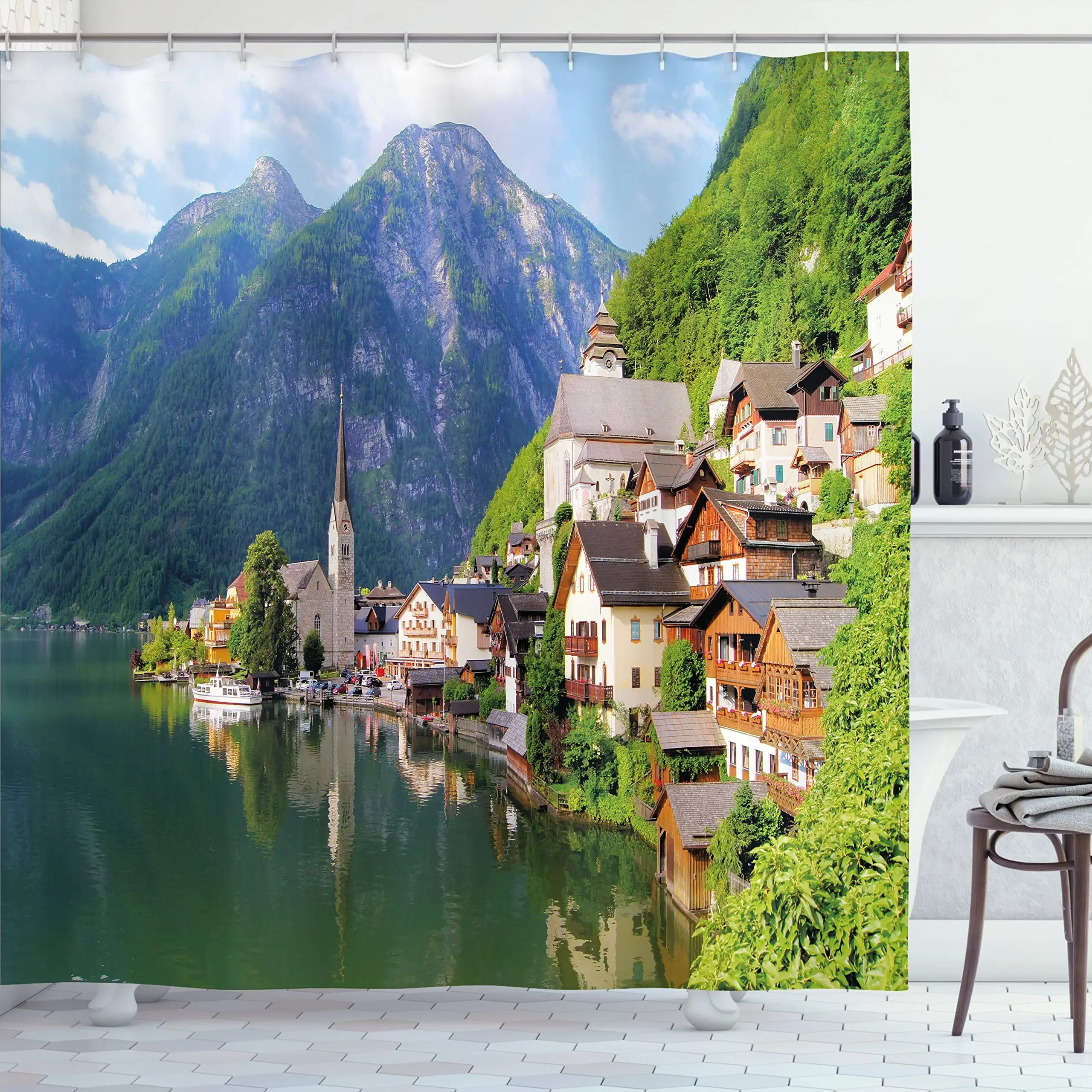 Italian Idyllic Town Shower Curtain The Mediterranean Sea Village Shower Curtain Bathroom Decor Waterproof Fabric Bathtub Screen
