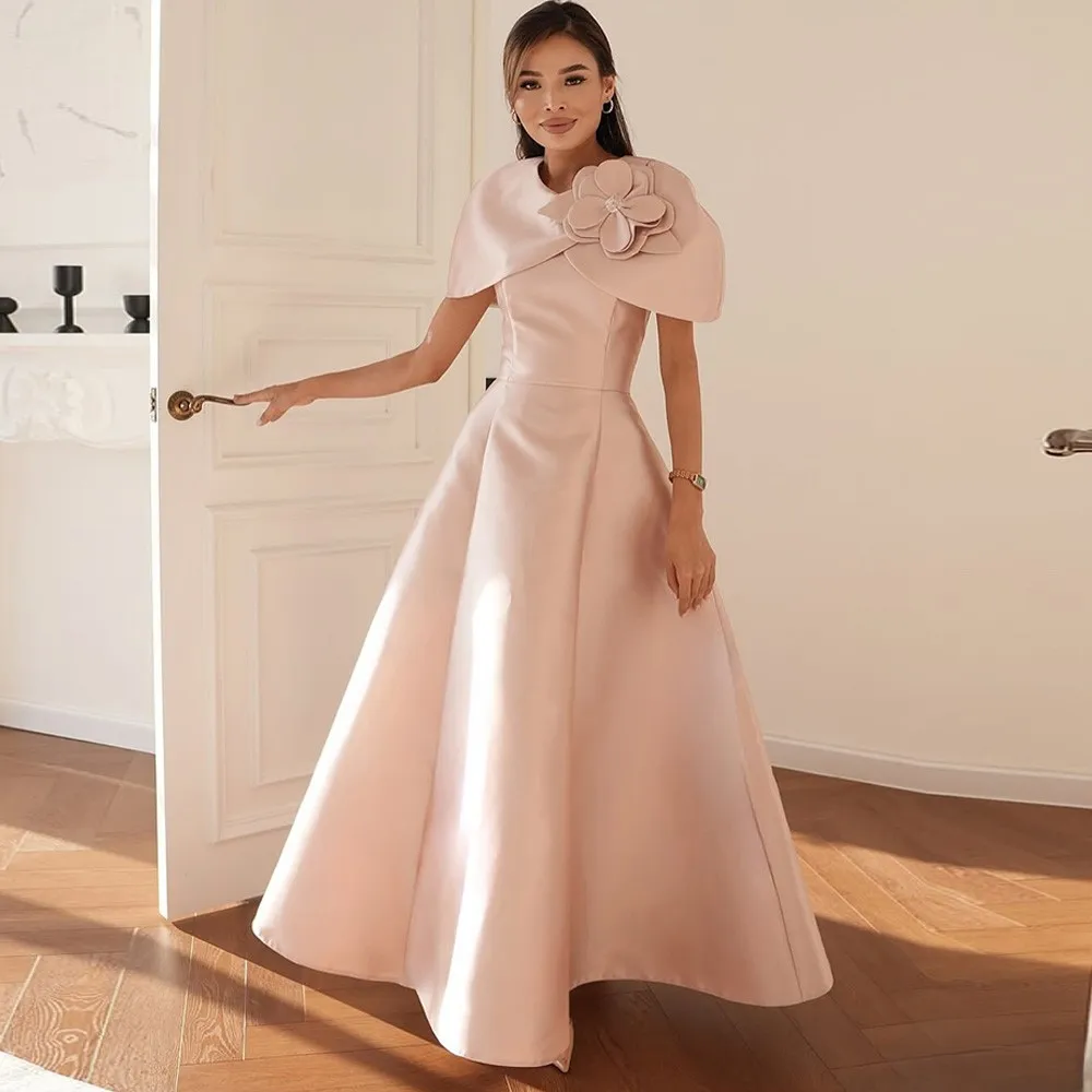 

Customized A-Line Crew Neck Short Sleeves Evening Dress Modern Flowers Celebrity Gowns Delicate Ankle Length Beading Party Dress