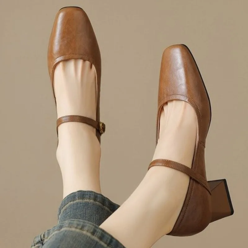

French Style High Heels Women's 2026 New Chunky Retro Autumn Winter Low Heel Single Shoes Small Leather Shoes