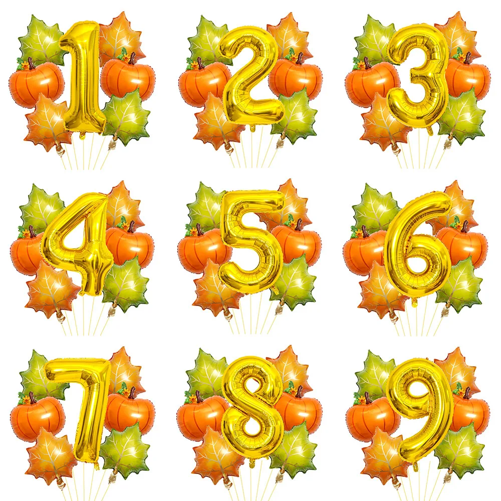 7-teiliges Kürbis-Ahornblätter-Luftballons-Set, 81,3 cm, goldfarbener Zahlenballon für Herbstparty, Thanksgiving, Festival, Party, Dekoration, Geschenke