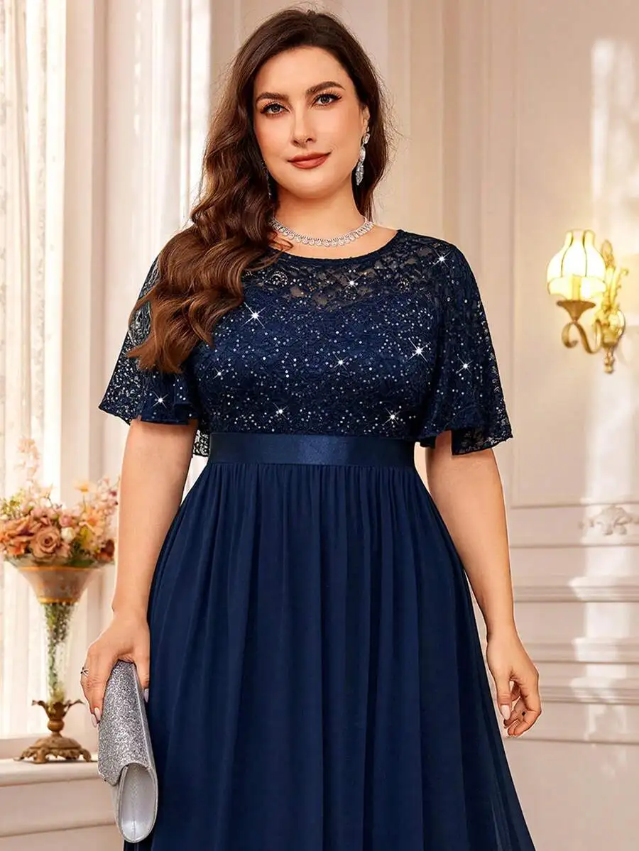 

Plus Size Sequin Floral Lace Butterfly Sleeve Chiffon Pleated Evening Party Long Dress